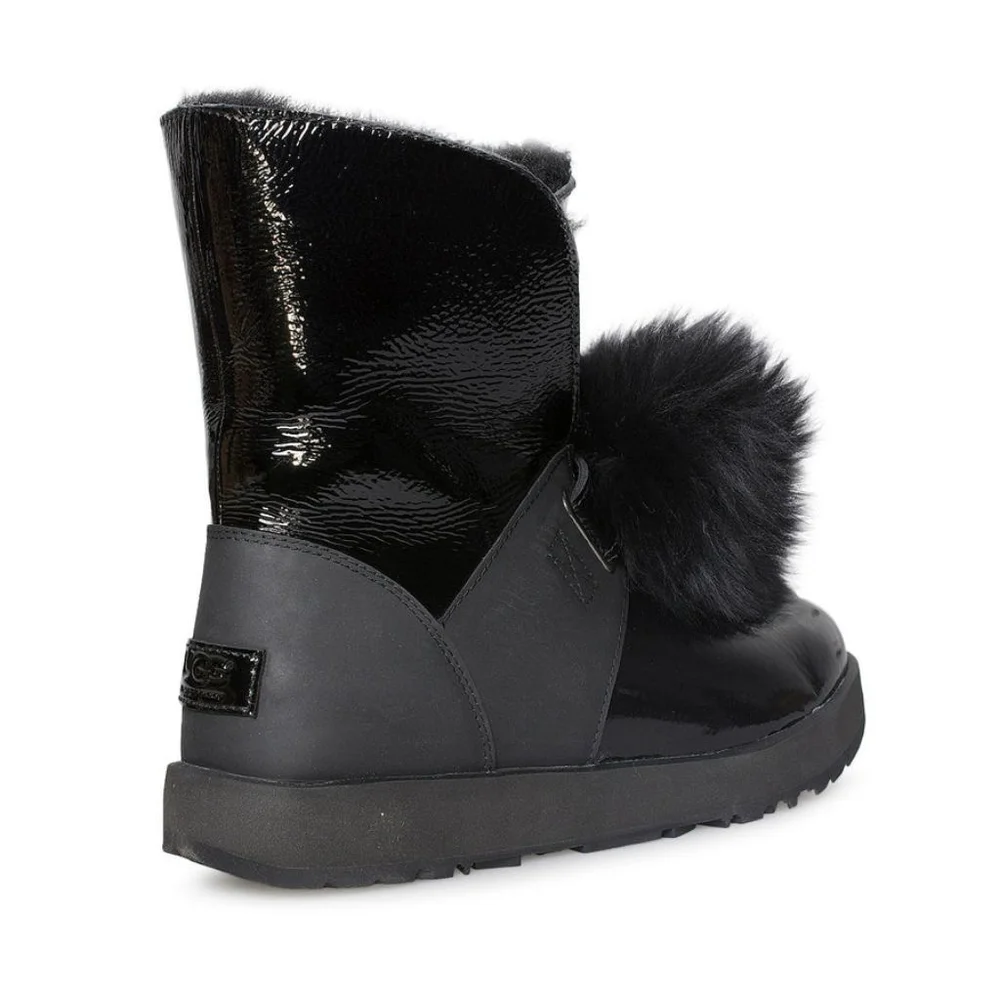 Women's UGG Winter & Rain Boots Black Patent Fur Pom size 6.5